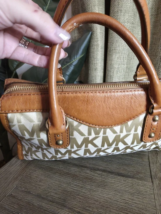 Michael Kors Beige Signature Logo Satchel with Brown Leather Trim - Picture 6 of 13